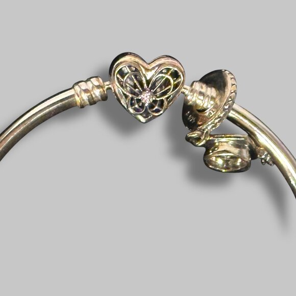 Pandora Heart Charm Sterling Silver Bangle Bracelet, w/Graduation Cap Charm, Wit - Picture 4 of 16